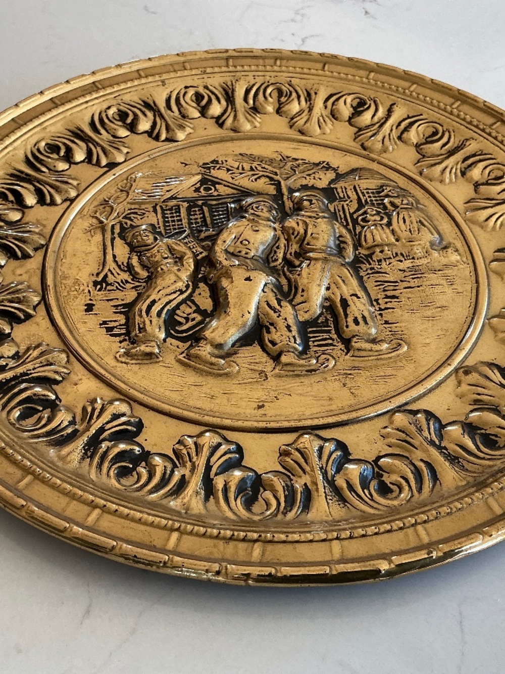 Vintage Brass Repousse Ice Skating Wall Plaque Made in England